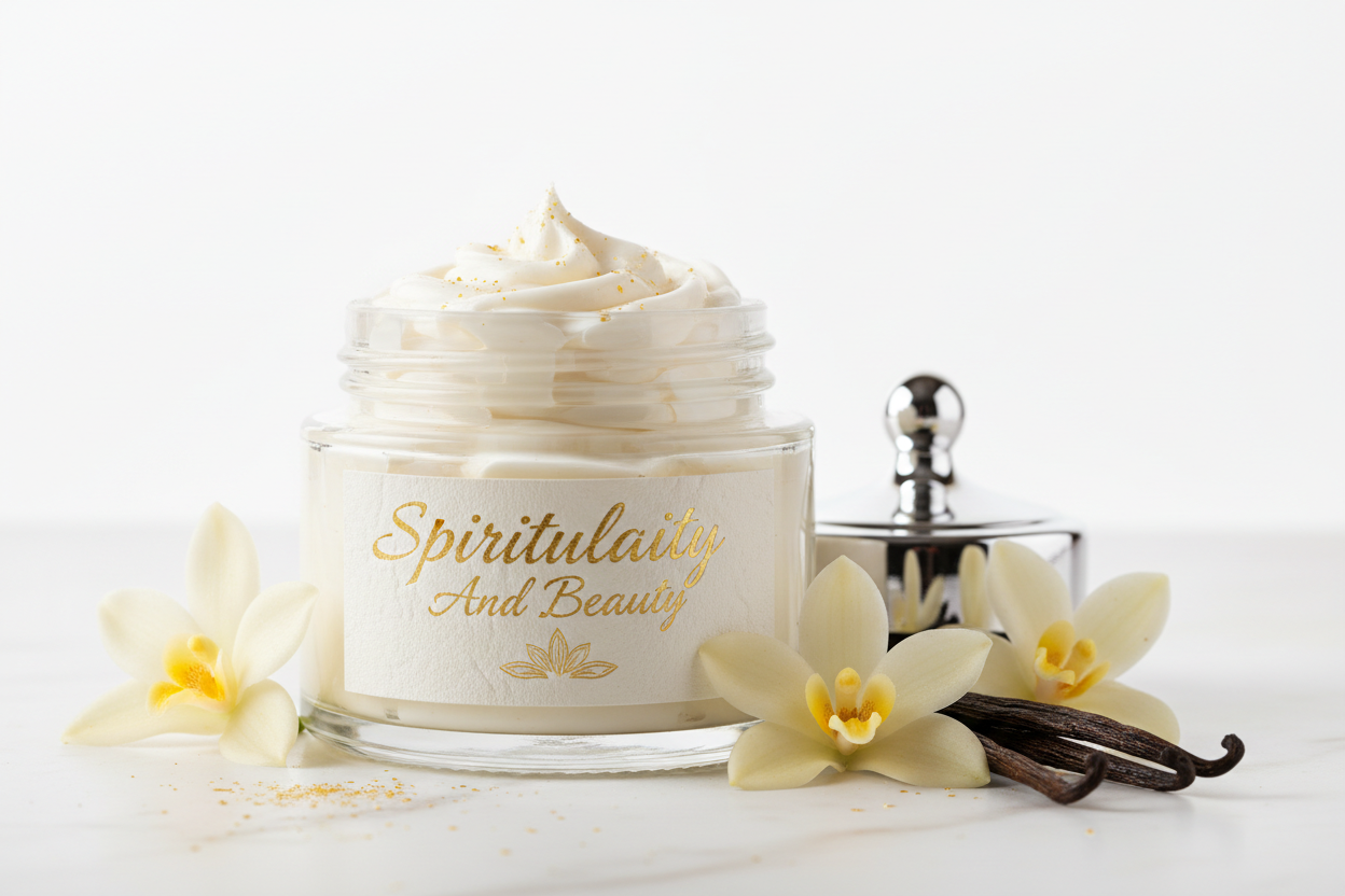 a beautiful creamy white body butter, with gold shimmers in it, vanilla fragrance in a jar with my business on it, should be very realistic